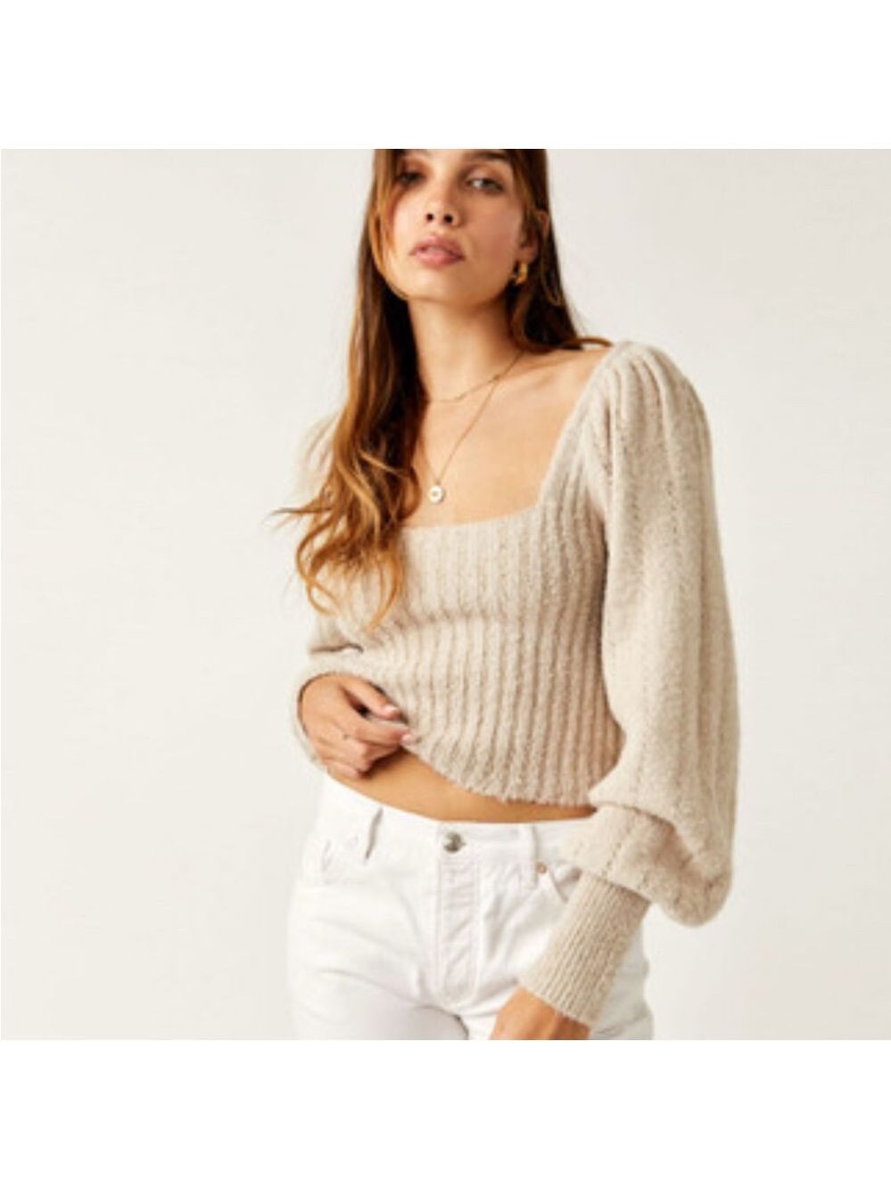 Free‎ People Beige Ribbed Knit Puff Sleeve Crop Sweater Women’s XL